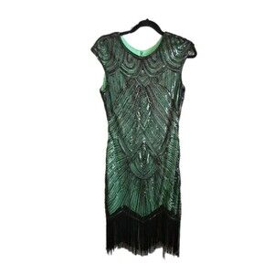 Emerald Green Sequin Flapper Art Deco Dress Green Black Gatsby 1920s Party Sz M